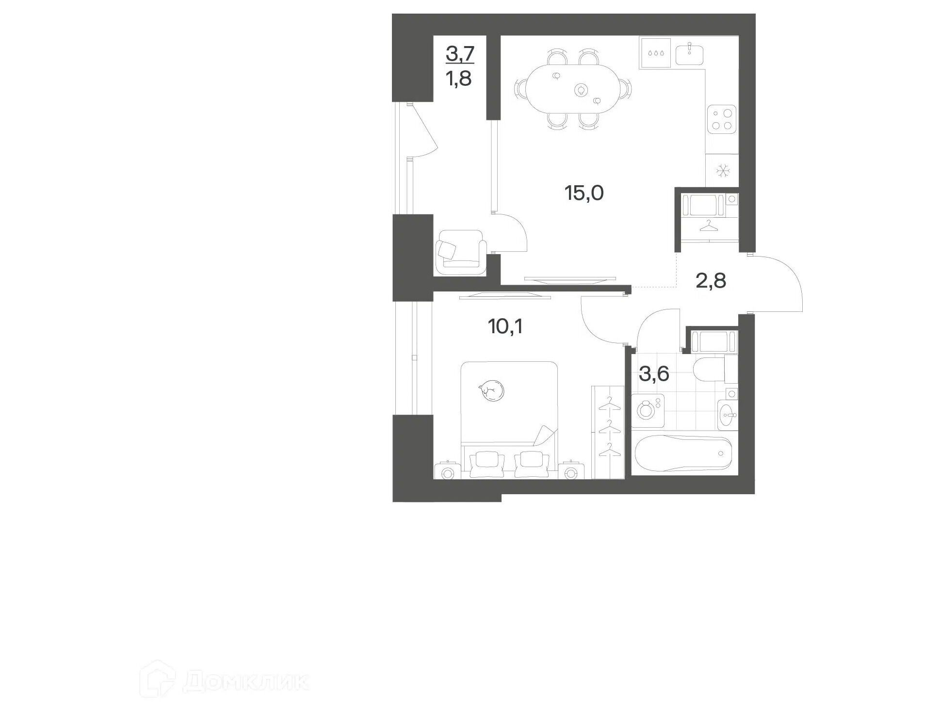 Планировка: 1-комн. квартира 33.35 м² в новостройке Ньюпитер