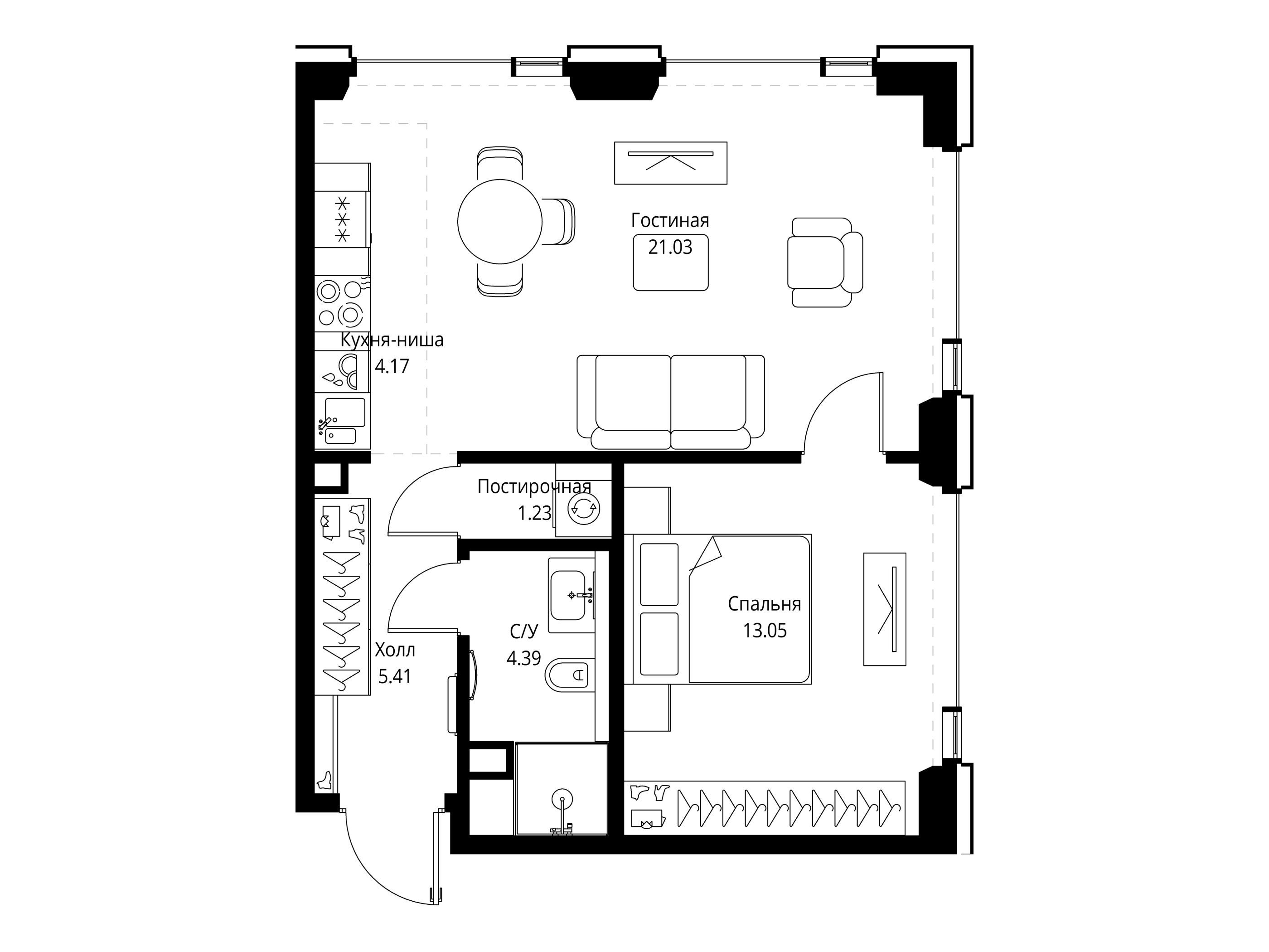 Планировка: 1-комн. квартира 49.28 м² в новостройке Сет