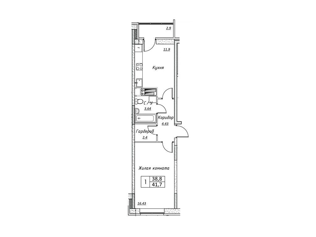 Планировка: 1-комн. квартира 41.70 м² в новостройке Шоколад