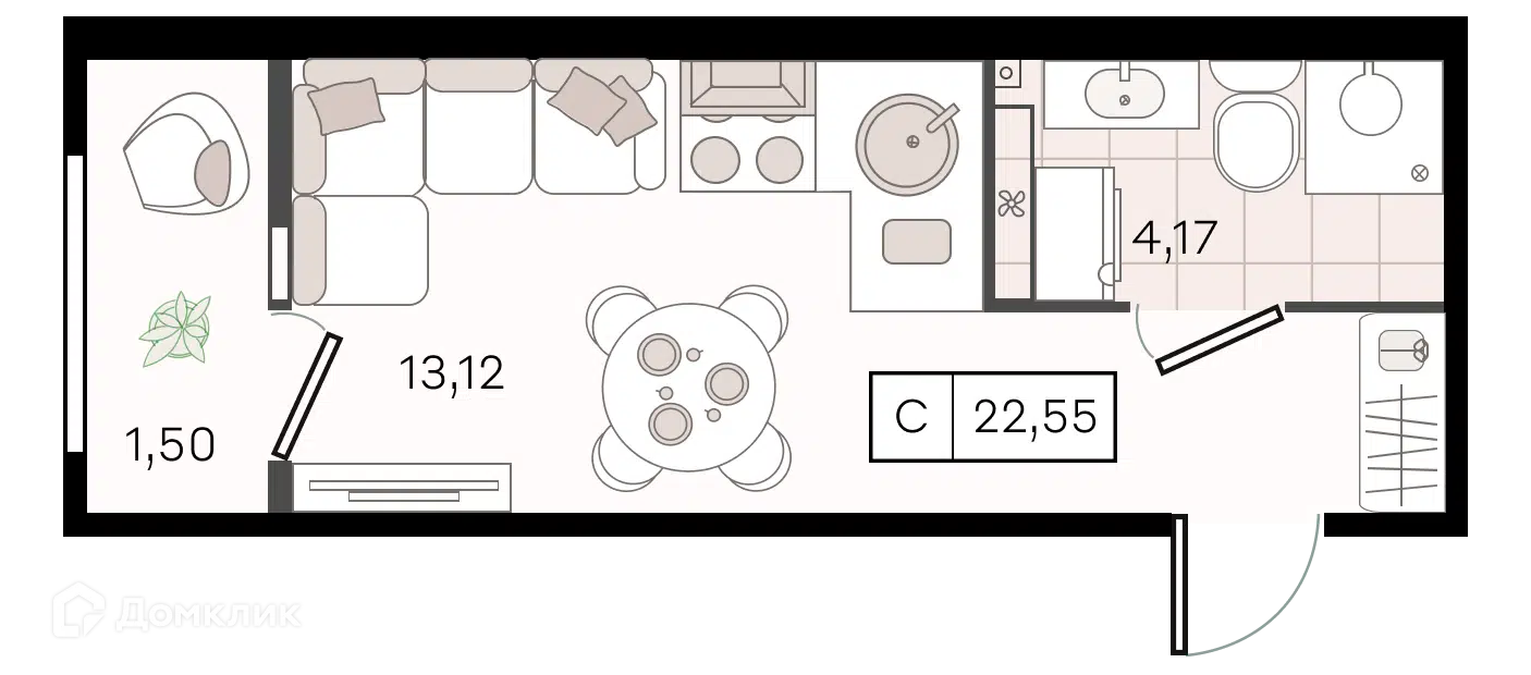 Планировка: Студия 22.55 м² в новостройке История 3