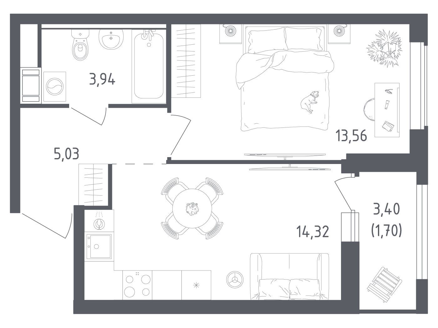 Планировка: 1-комн. квартира 38.55 м² в новостройке Южная Нева