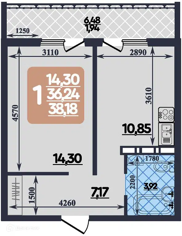 Планировка: 1-комн. квартира 38.18 м² в новостройке Ленинградский квартал