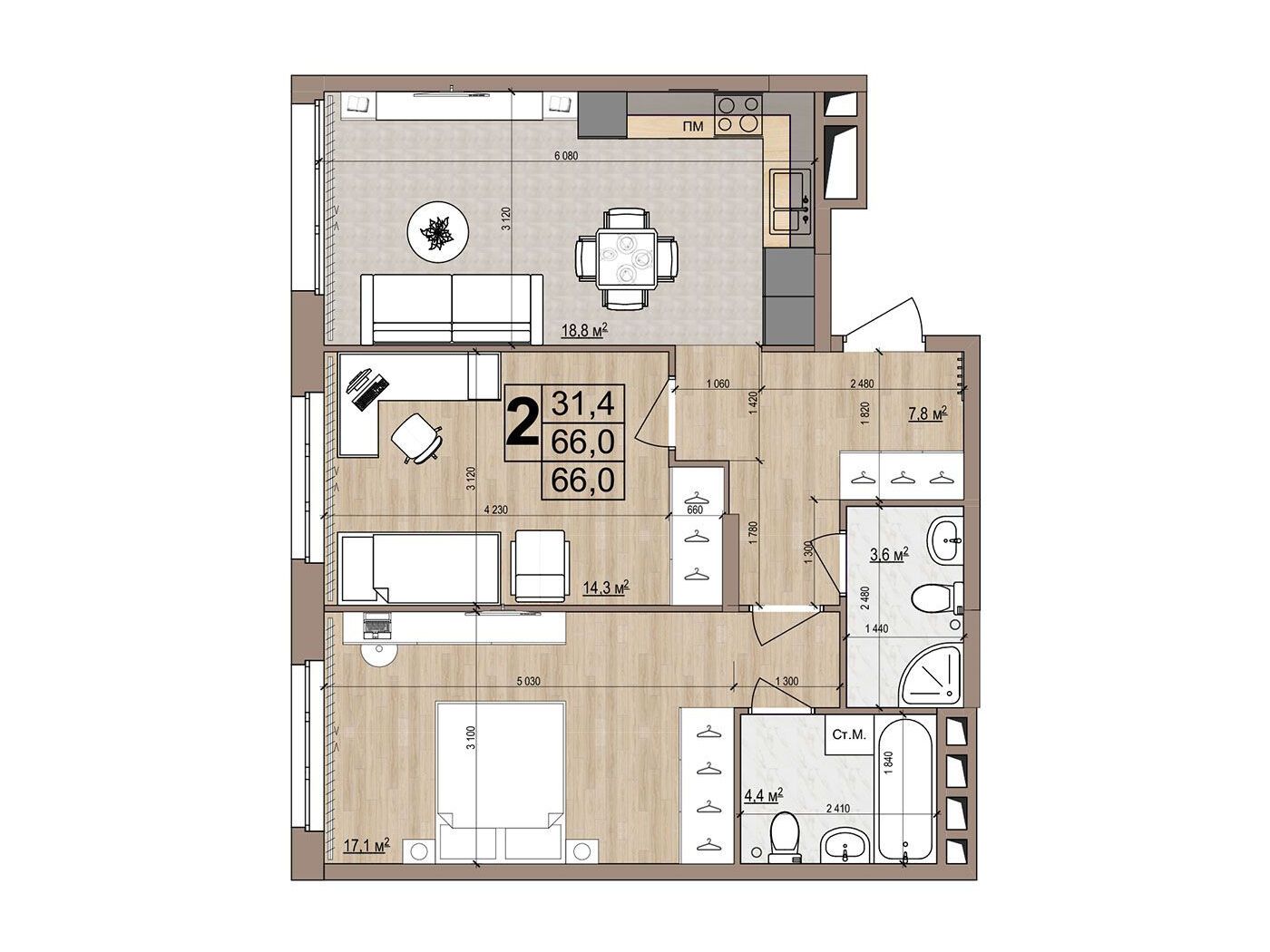 Планировка: 2-комн. квартира 66.00 м² в новостройке Гранд Комфорт