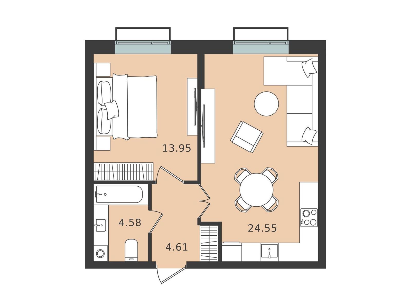 Планировка: 1-комн. квартира 47.69 м² в новостройке Мишино-2