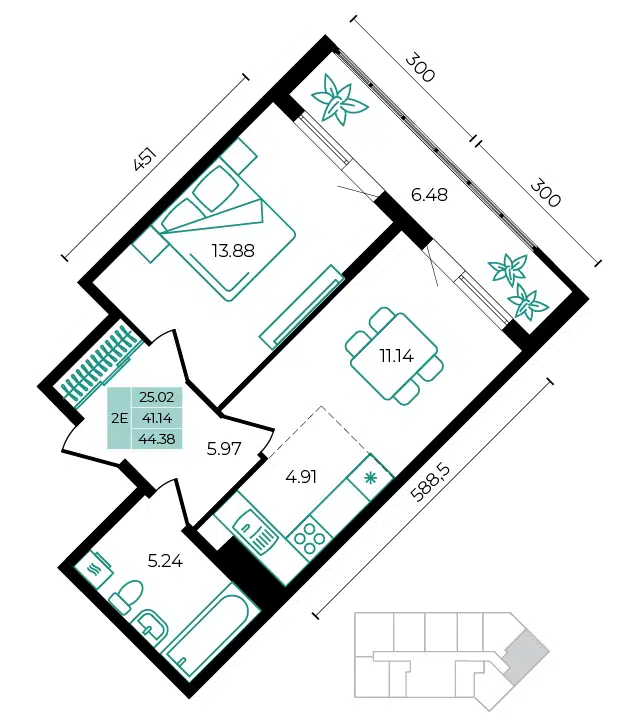 Планировка: 2-комн. квартира 44.38 м² в новостройке Курортный Регион