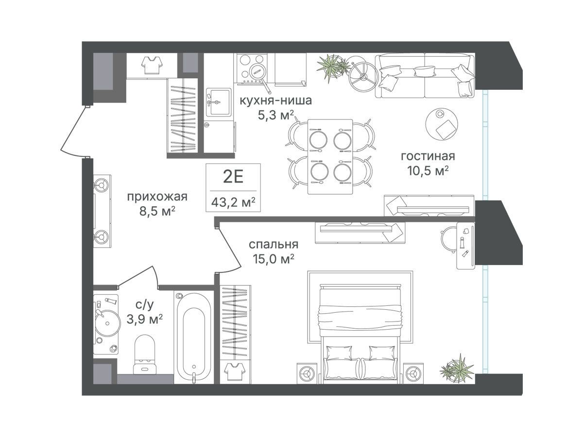 Планировка: 1-комн. квартира 43.20 м² в новостройке Петровский парк II