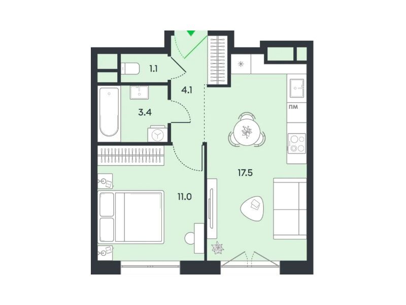 Планировка: 1-комн. квартира 37.00 м² в новостройке Баланс