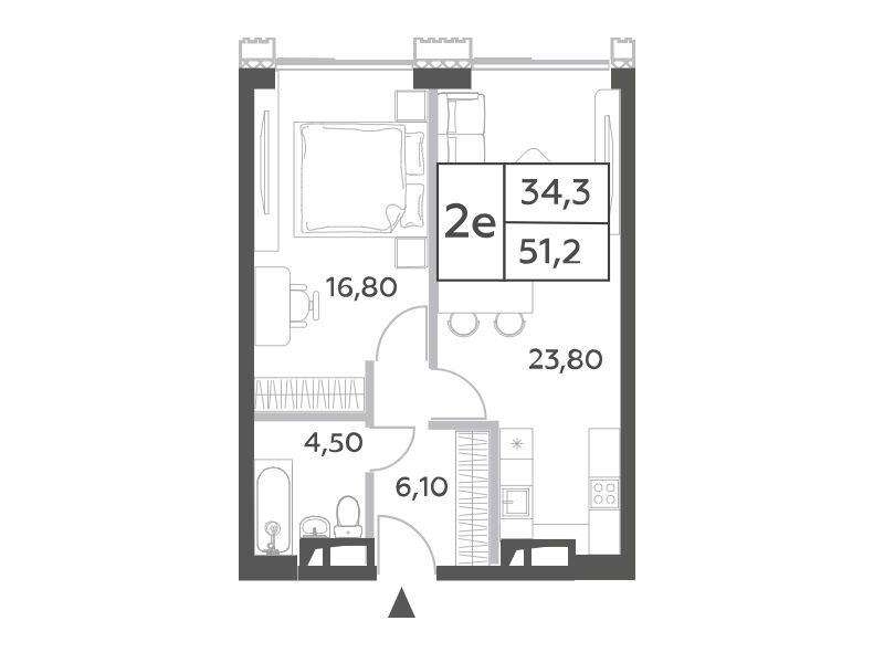 Планировка: 2-комн. квартира 52.30 м² в новостройке Вилл Тауэрс
