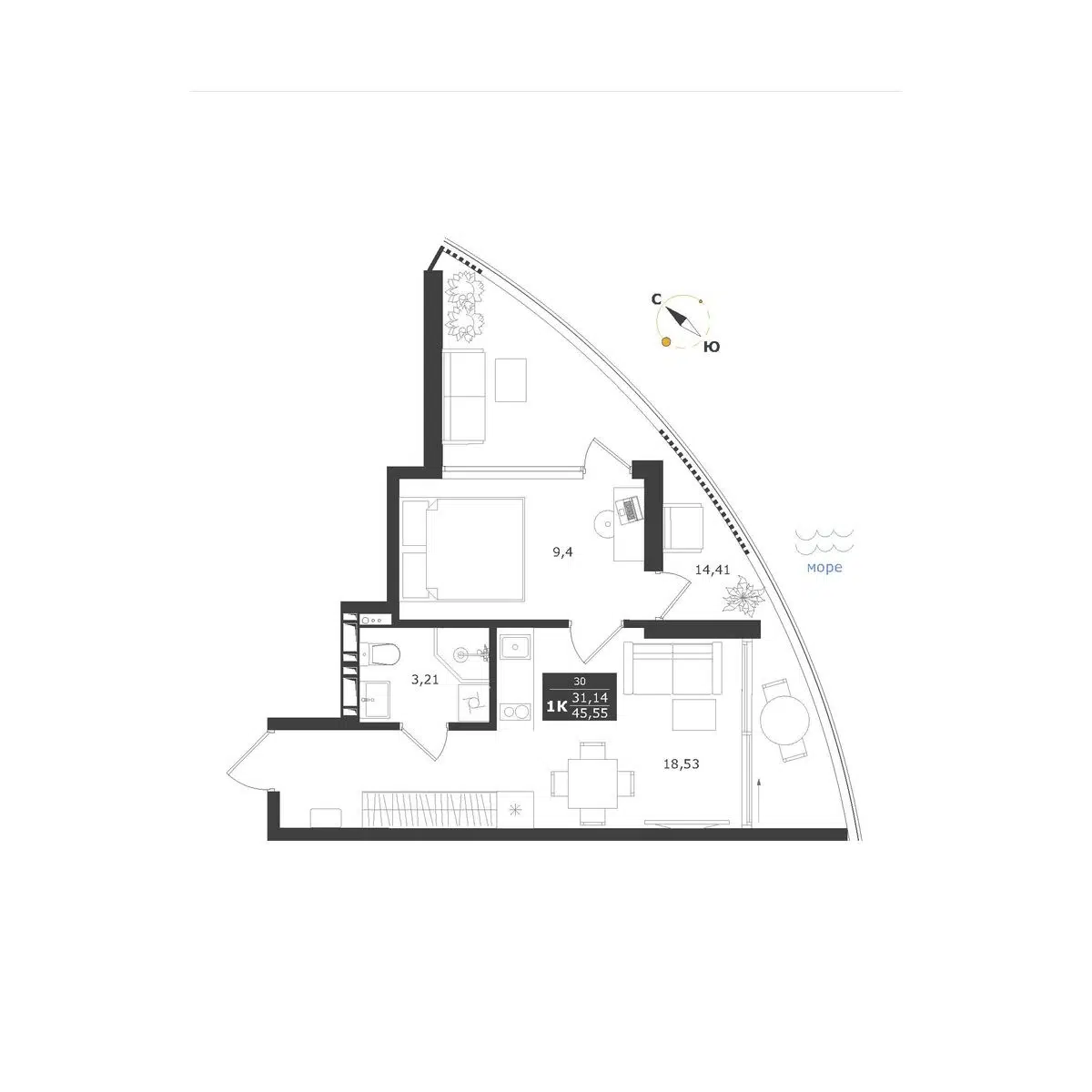 Планировка: 1-комн. квартира 45.55 м² в новостройке Апарт-комплекс Паруса мечты