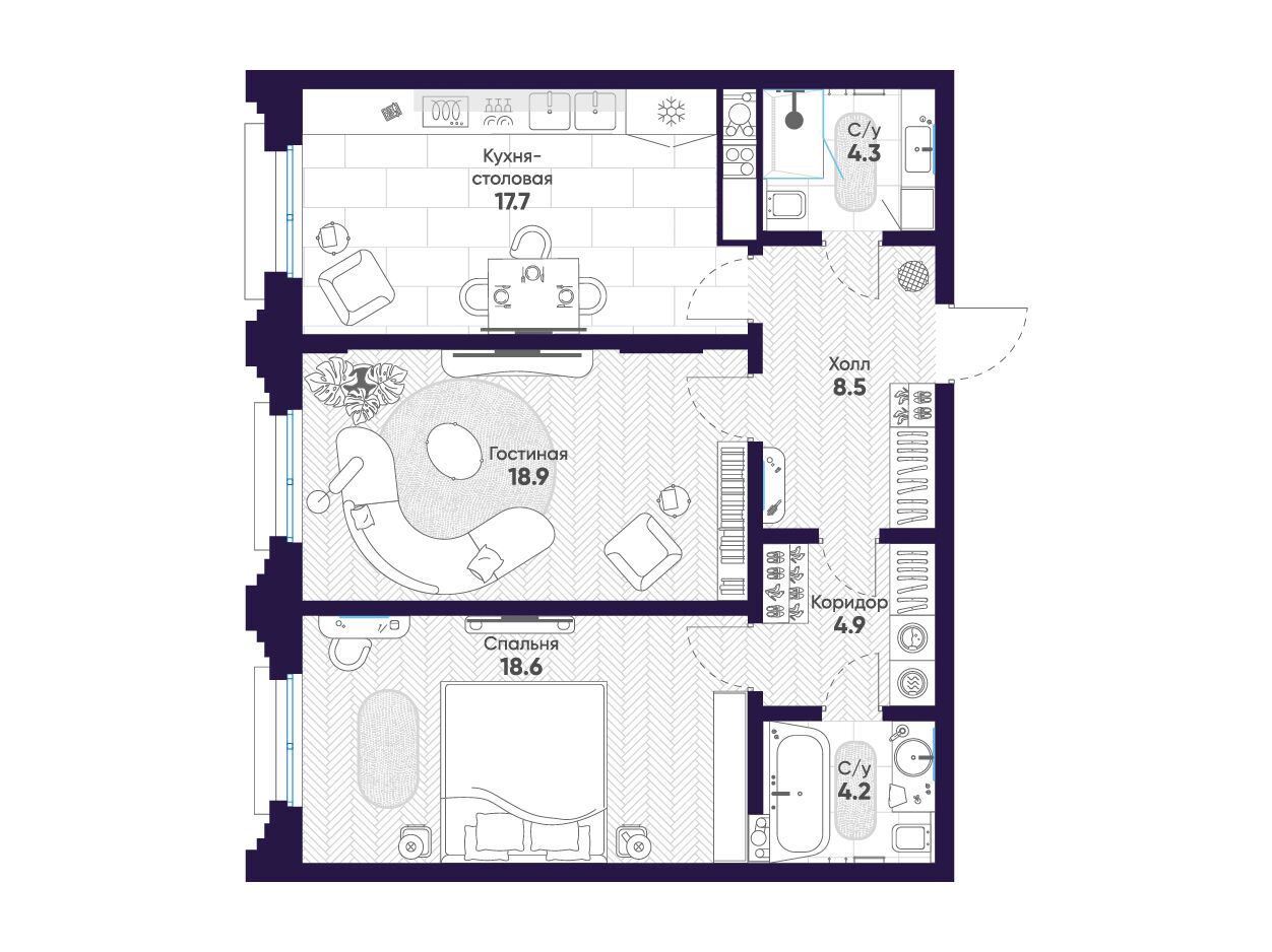 Планировка: 2-комн. квартира 77.10 м² в новостройке Мариинка Делюкс
