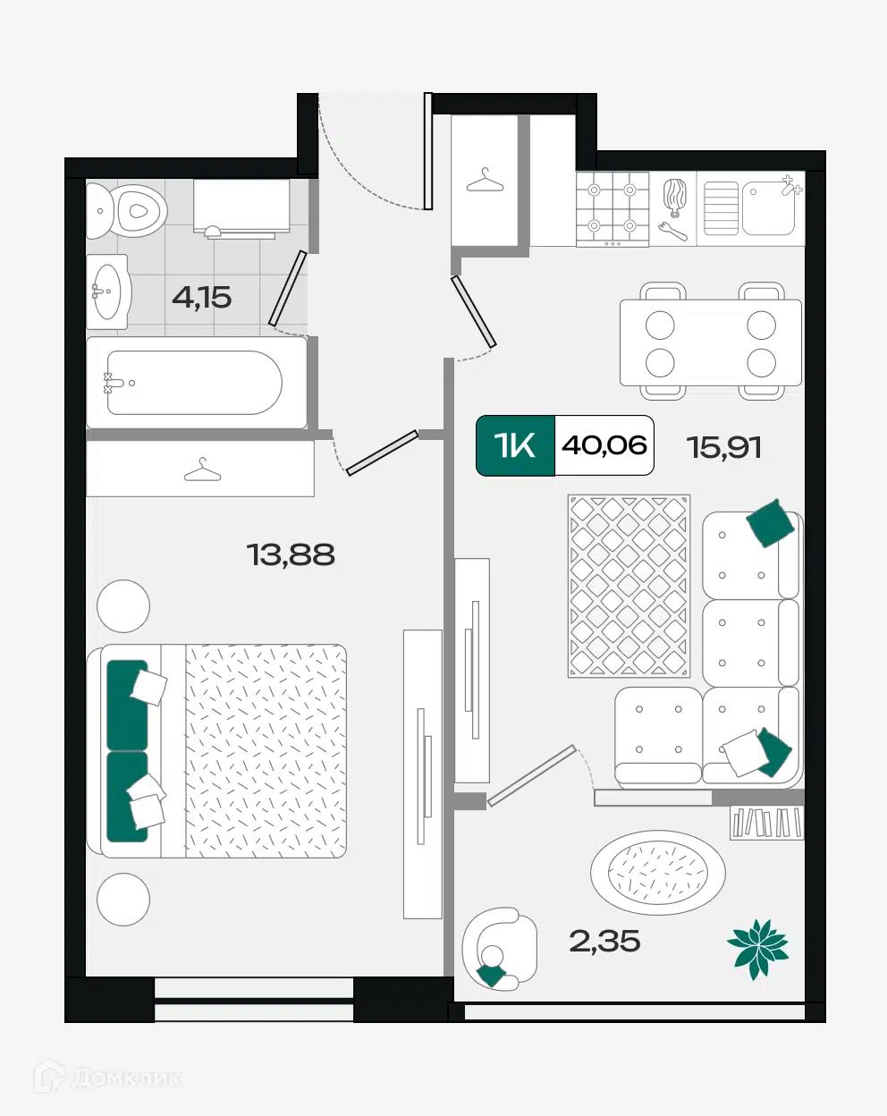Планировка: 1-комн. квартира 40.25 м² в новостройке Народные Кварталы