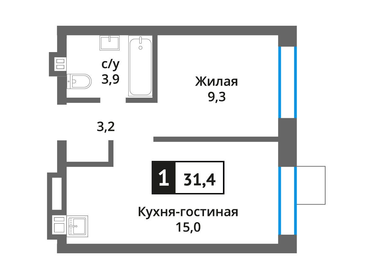 Планировка: 1-комн. квартира 31.40 м² в новостройке Никольский квартал Отрада