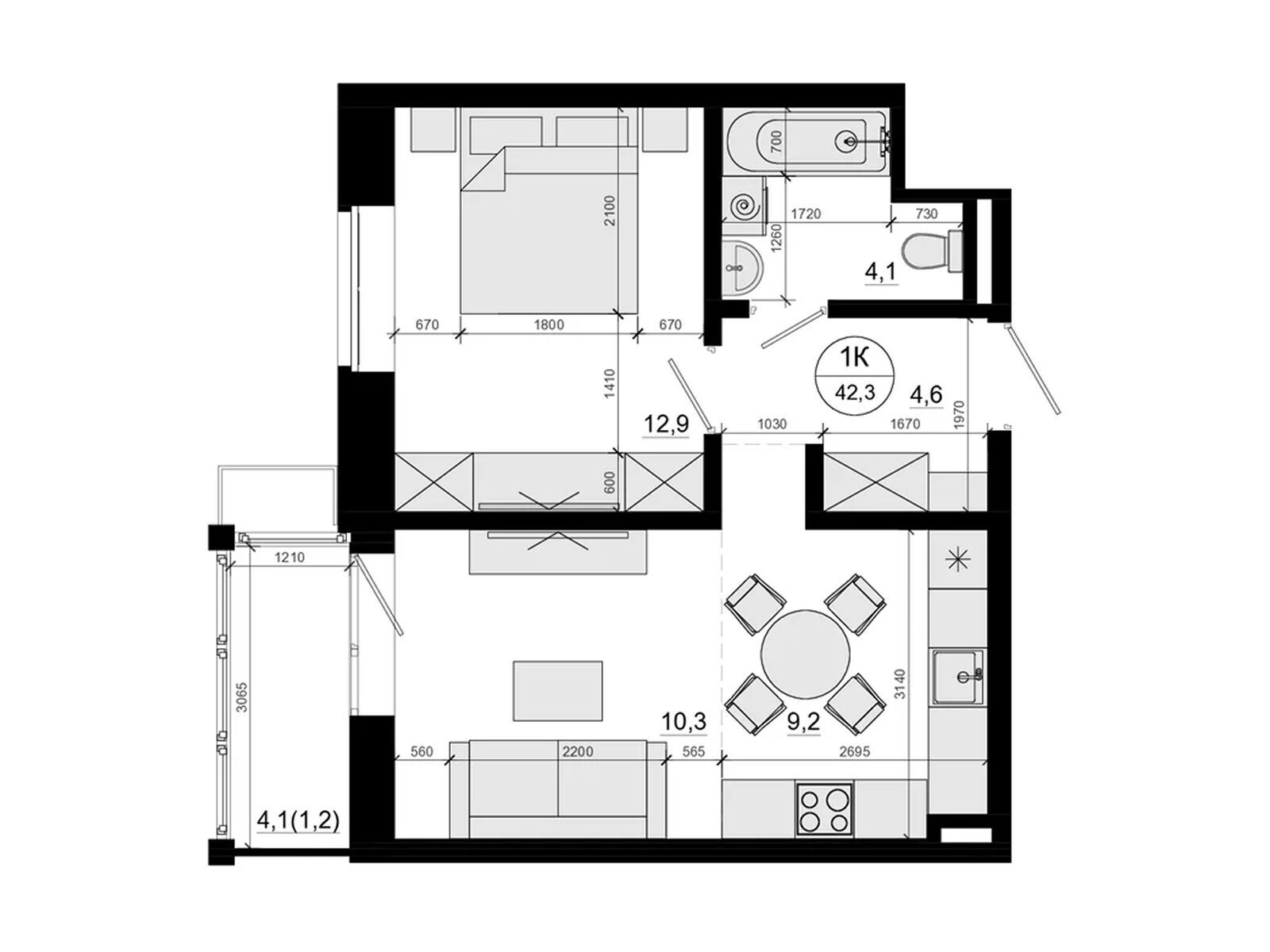 Планировка: 1-комн. квартира 42.30 м² в новостройке ЖК Союзный