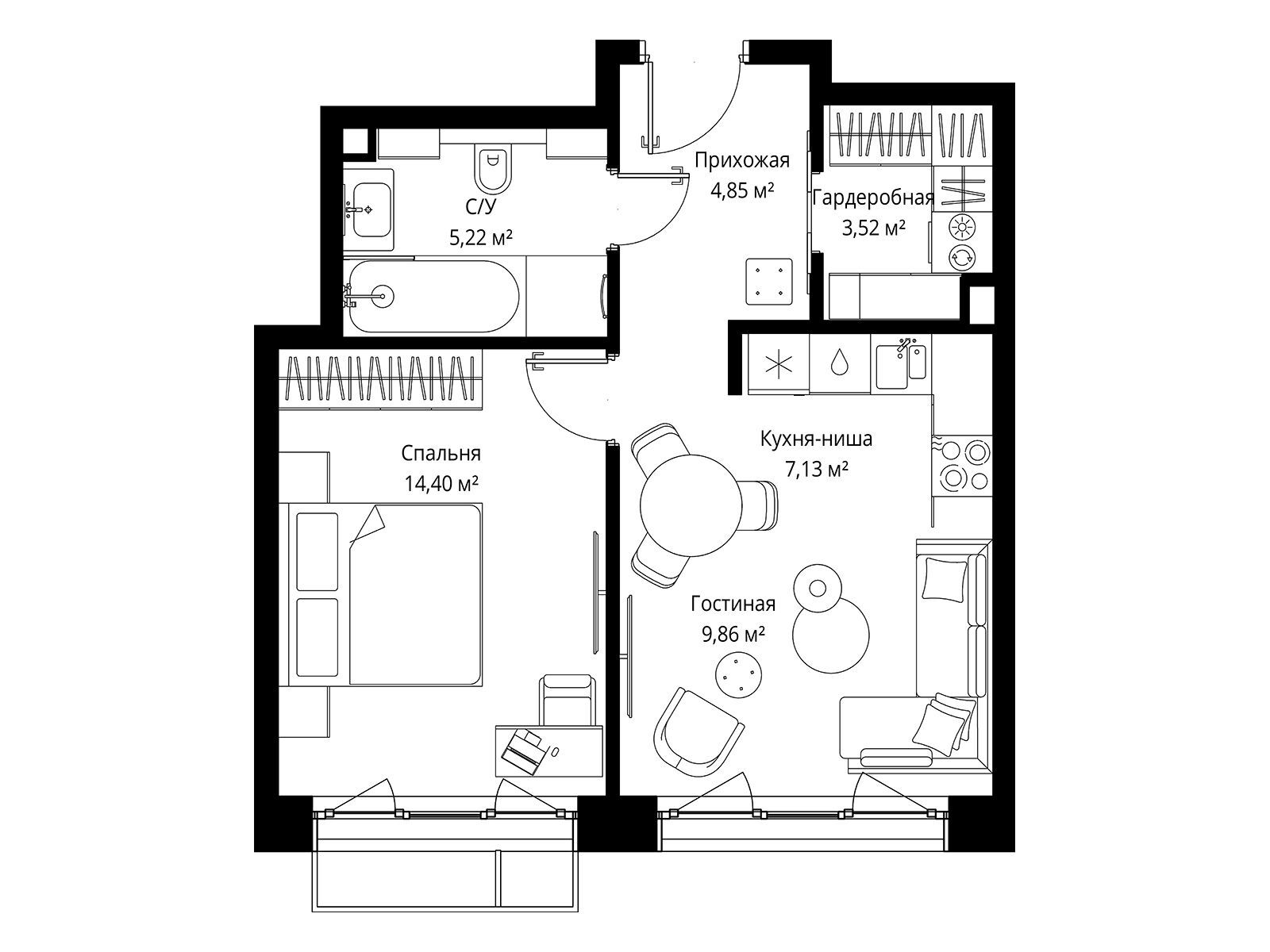 Планировка: 1-комн. квартира 44.98 м² в новостройке Мыс