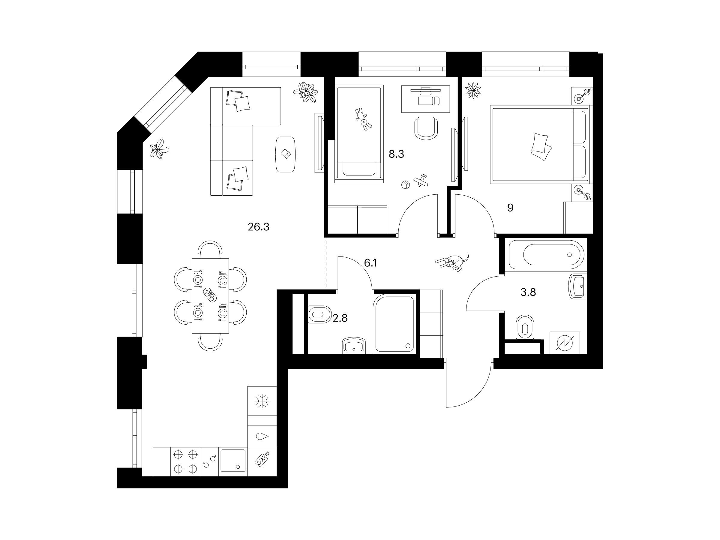 Планировка: 2-комн. квартира 56.30 м² в новостройке Руставели 14