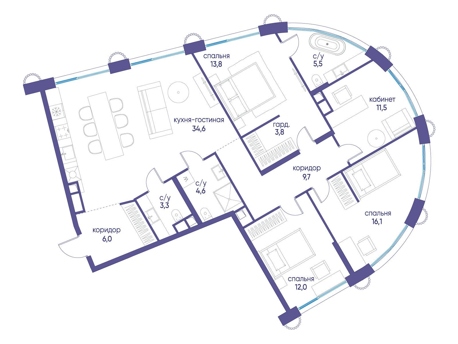 Планировка: 4-комн. квартира 121.00 м² в новостройке ЖК Остров