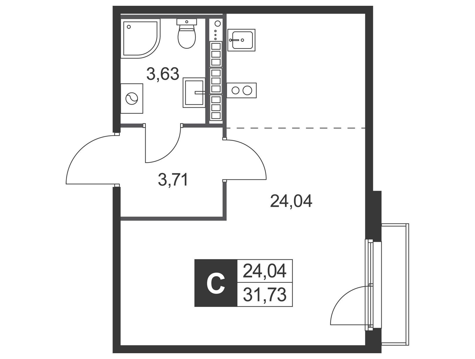 Планировка: Студия 31.73 м² в новостройке Слобода