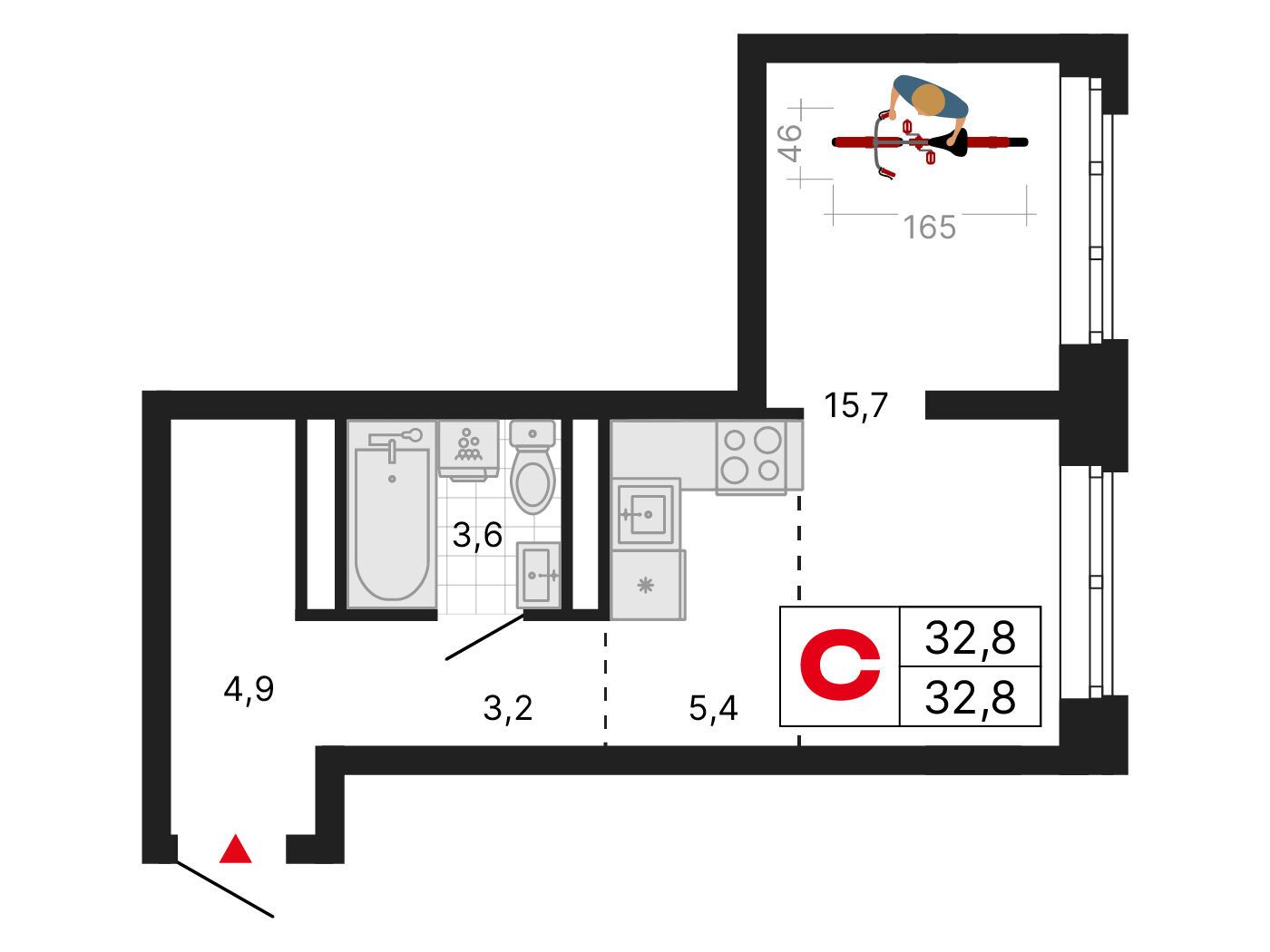 Планировка: Студия 32.80 м² в новостройке Бестселлер