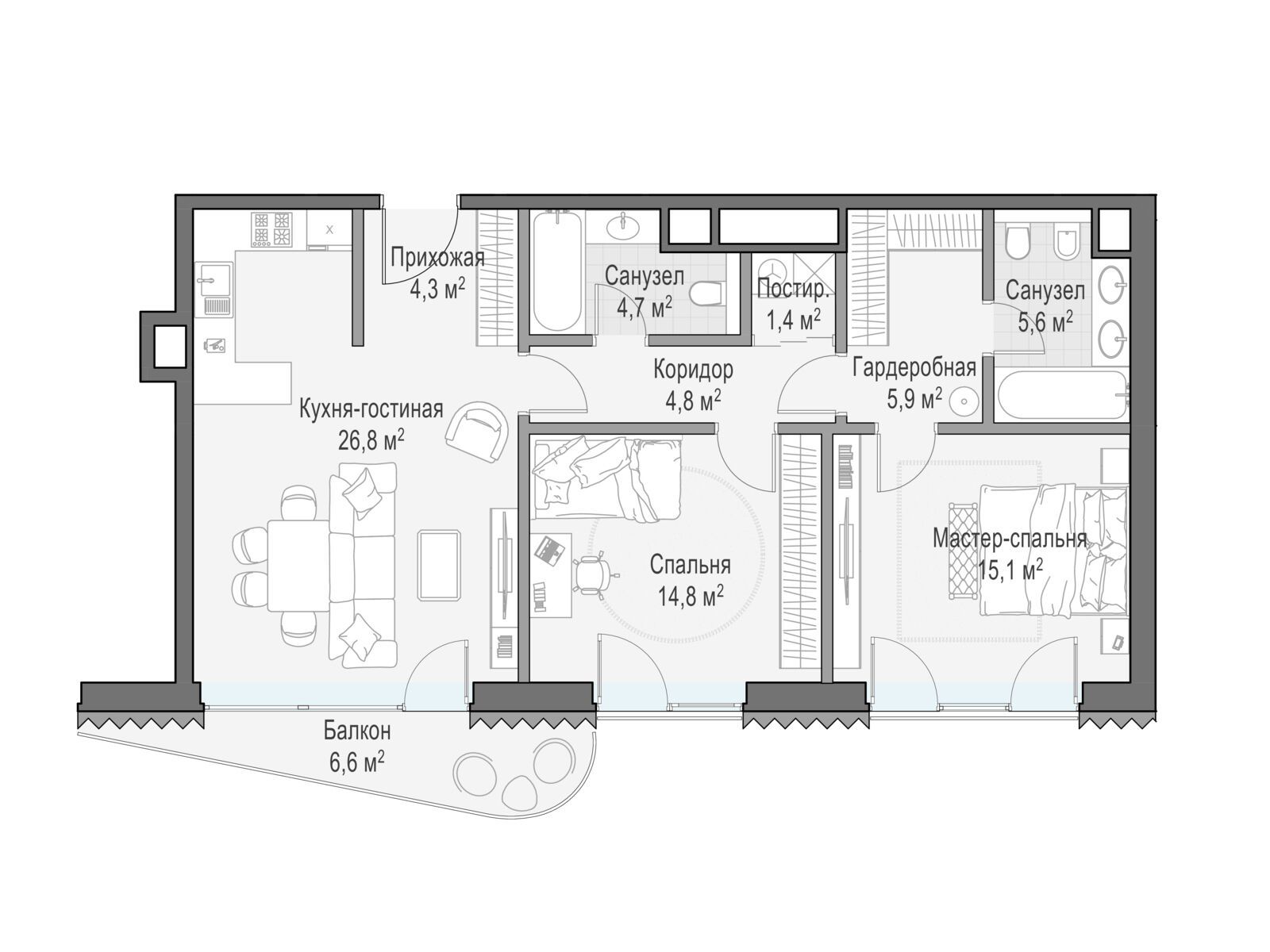 Планировка: 2-комн. квартира 88.60 м² в новостройке Дом Лаврушинский