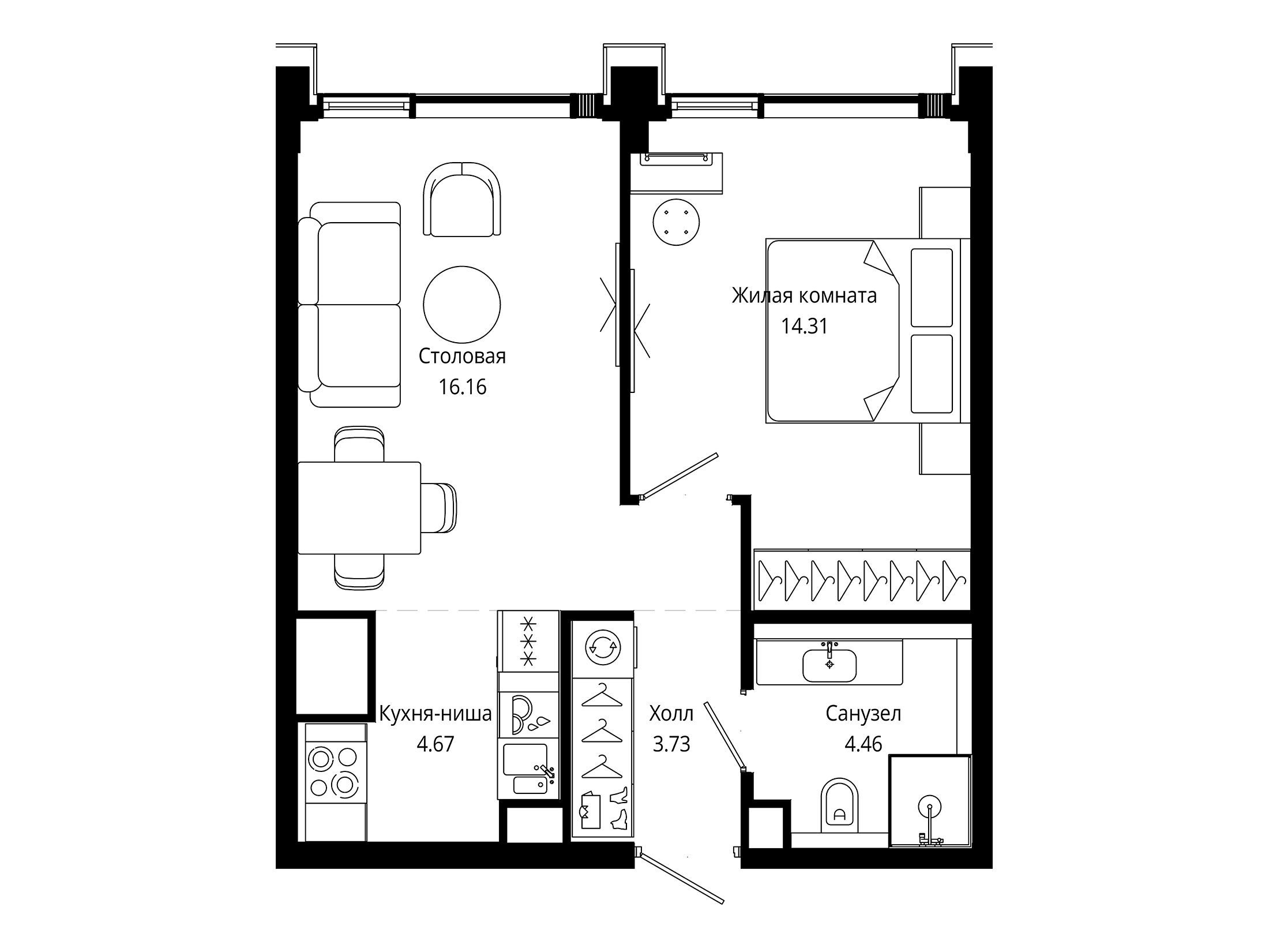 Планировка: 1-комн. квартира 43.80 м² в новостройке ЖК Мод