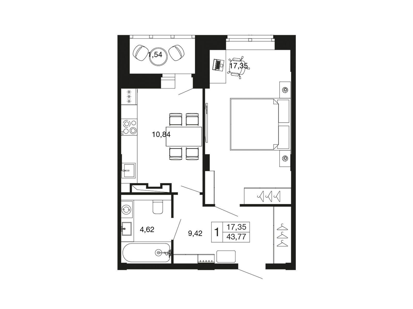 Планировка: 1-комн. квартира 42.20 м² в новостройке Времена года
