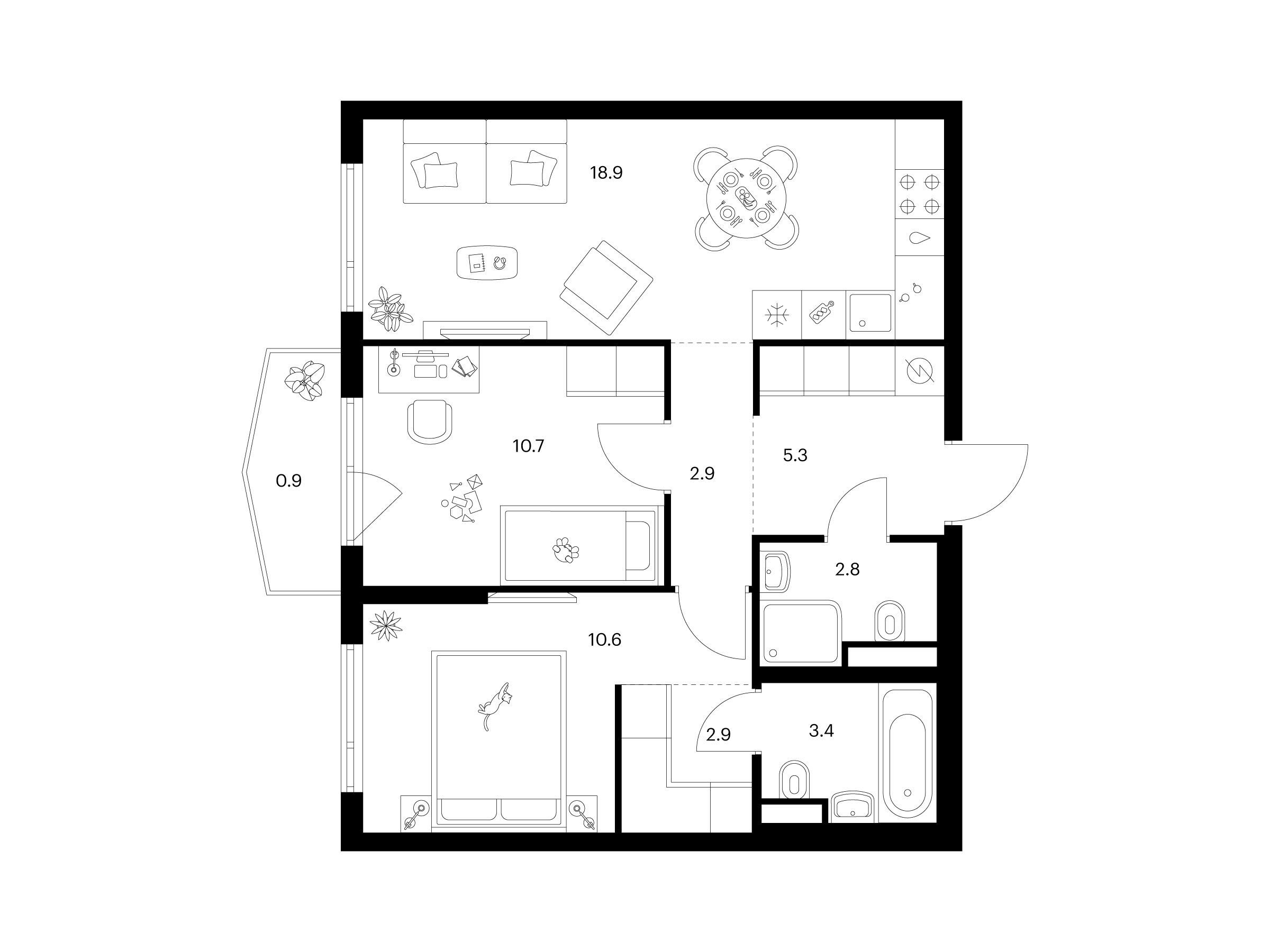 Планировка: 2-комн. квартира 58.40 м² в новостройке Руставели 14