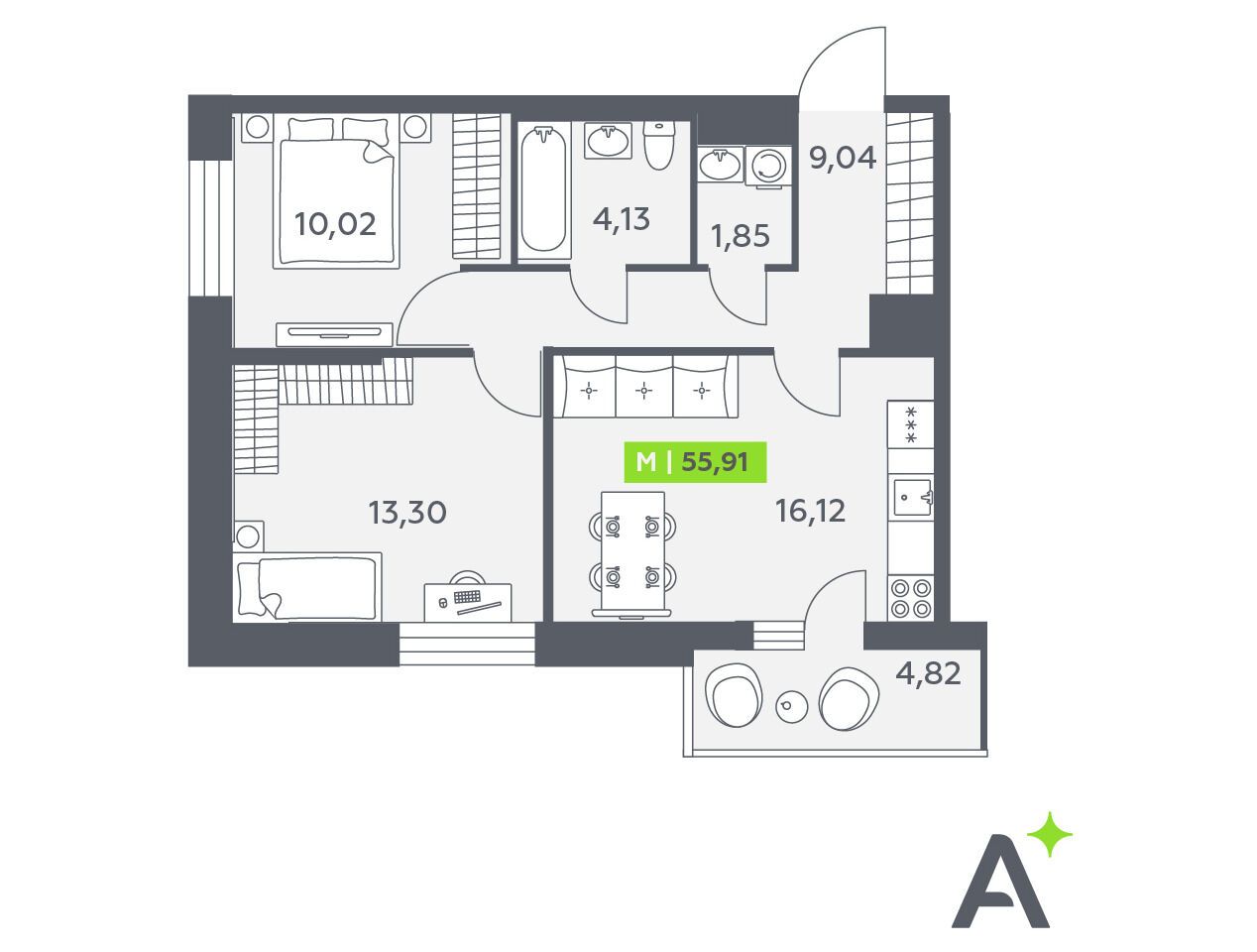 Планировка: 3-комн. квартира 55.91 м² в новостройке Аквилон Верба