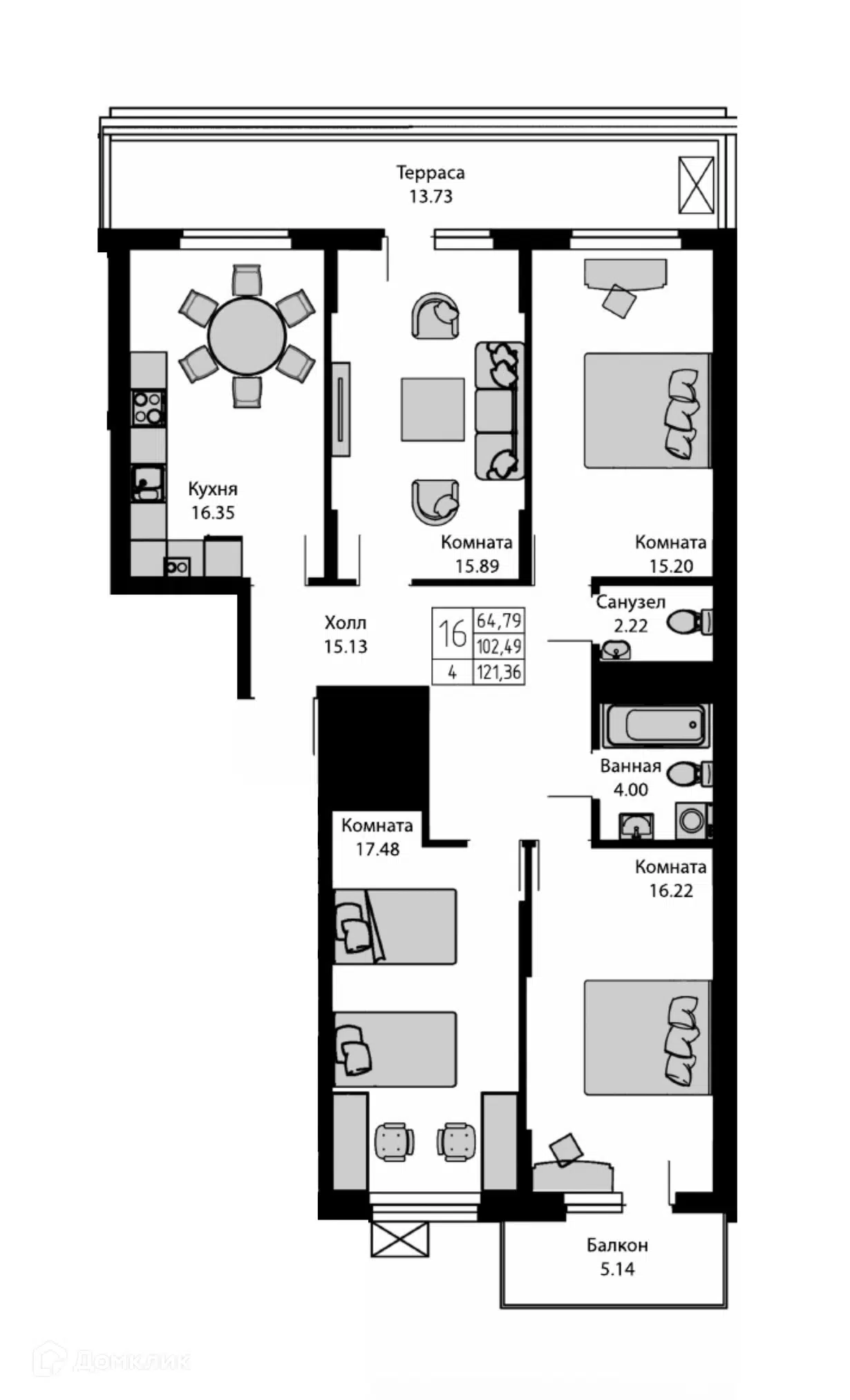Планировка: 4-комн. квартира 121.36 м² в новостройке Ривьера