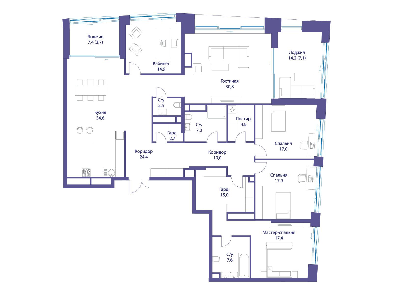 Планировка: 5-комн. квартира 217.40 м² в новостройке Река