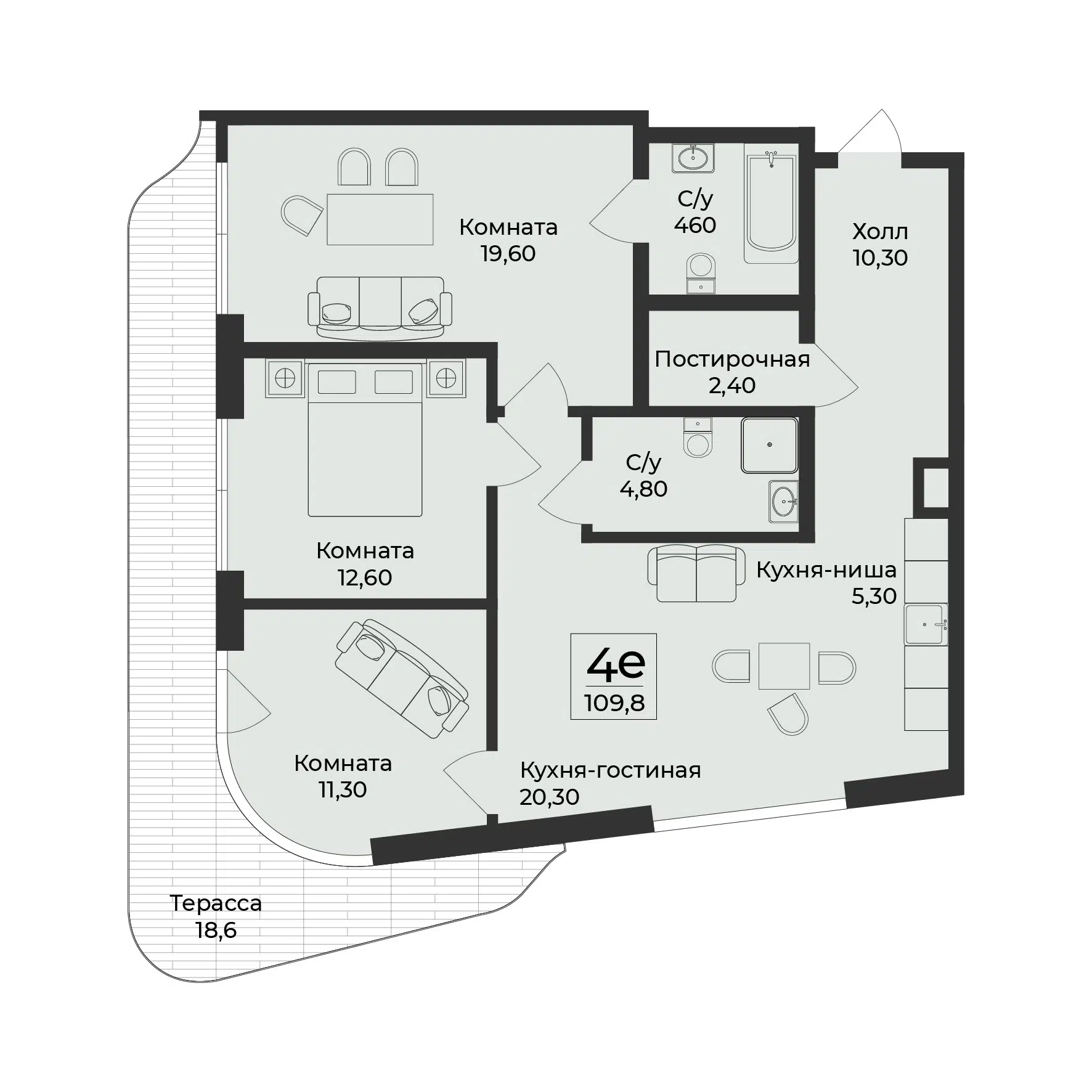 Планировка: 4-комн. квартира 109.80 м² в новостройке ЖК Нега