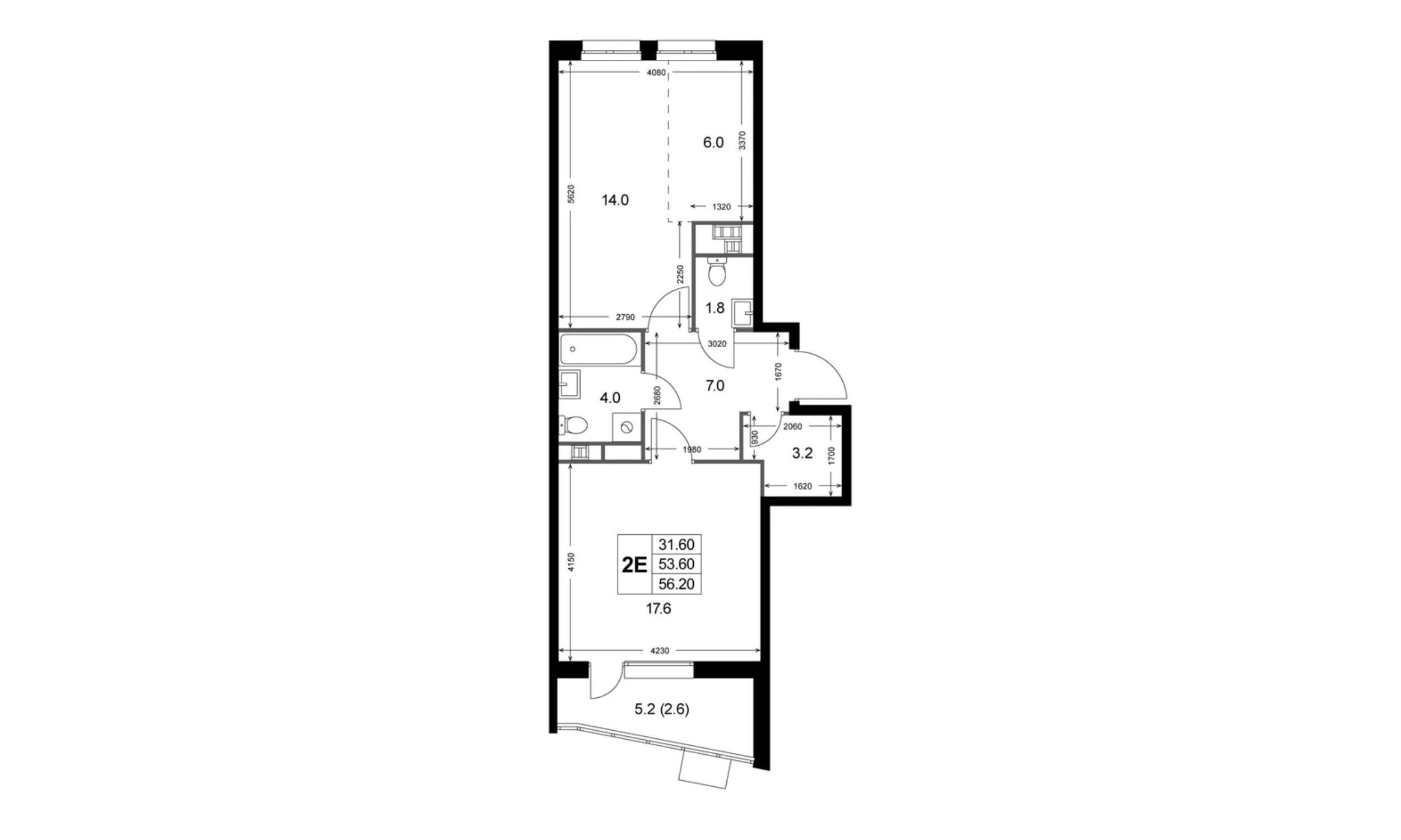 Планировка: 2-комн. квартира 53.60 м² в новостройке ЖК Легенда Коренёво