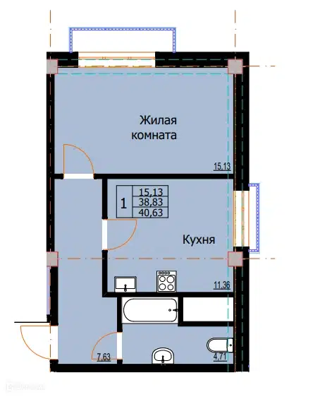 Планировка: 1-комн. квартира 40.63 м² в новостройке Резиденция г. Ессентуки