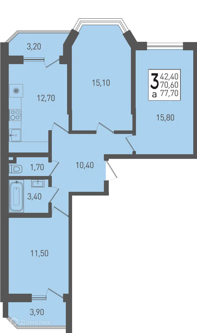 Планировка: 3-комн. квартира 77.70 м² в новостройке Огурцы