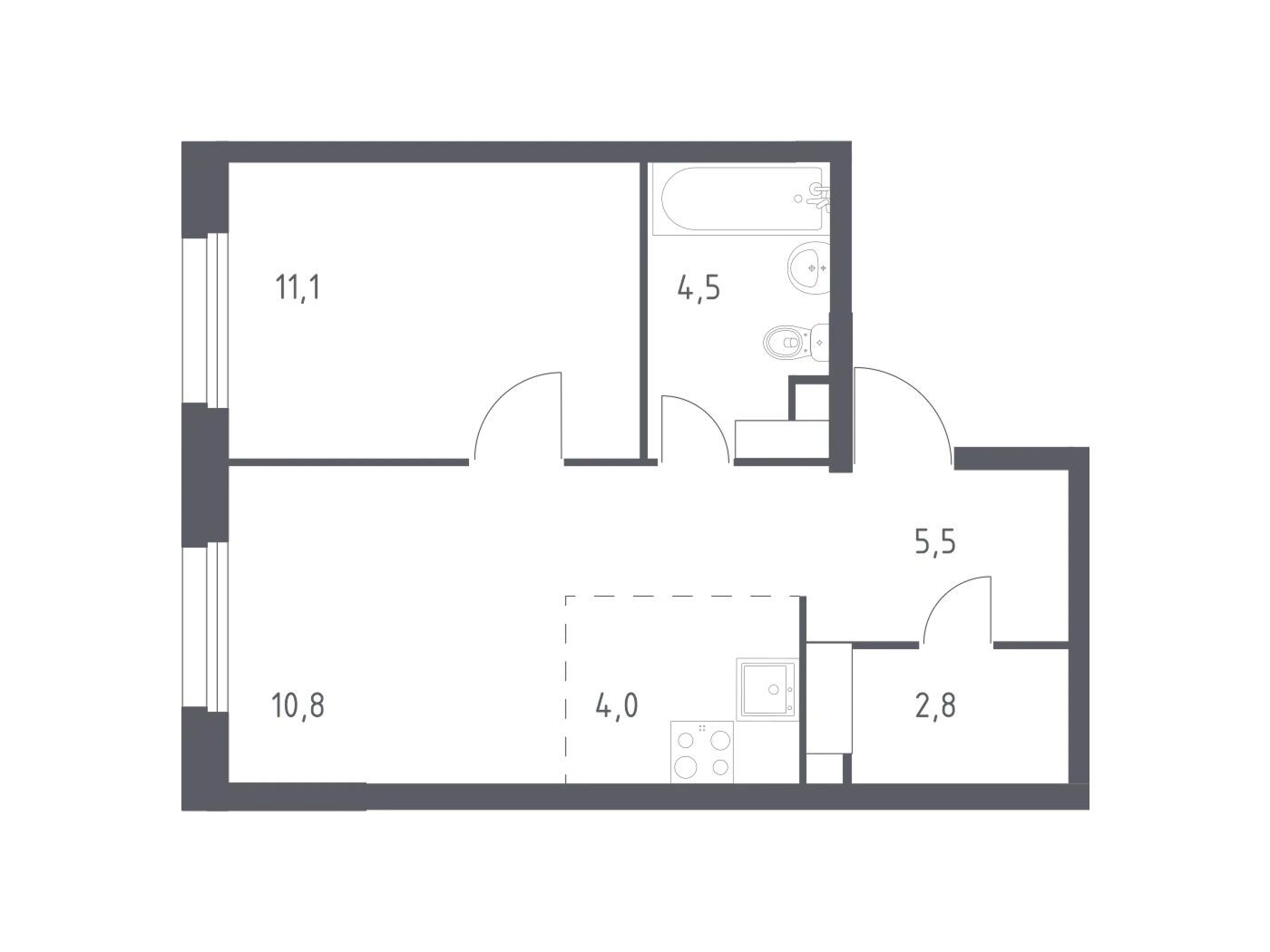 Планировка: 1-комн. квартира 37.80 м² в новостройке Эко Бунино