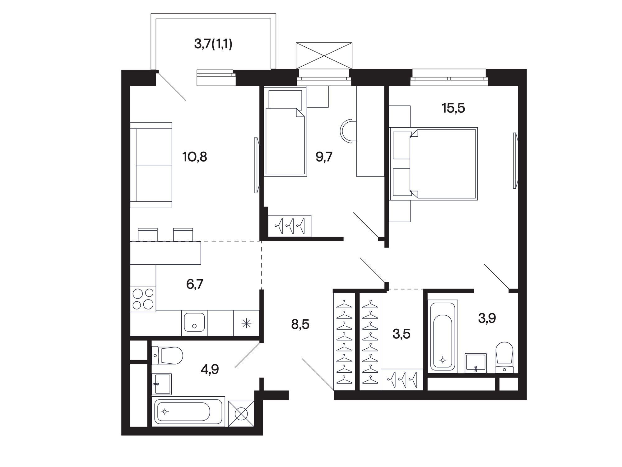 Планировка: 2-комн. квартира 65.69 м² в новостройке Базаева 11
