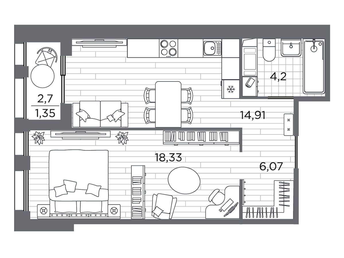 Планировка: 1-комн. квартира 44.86 м² в новостройке Респект