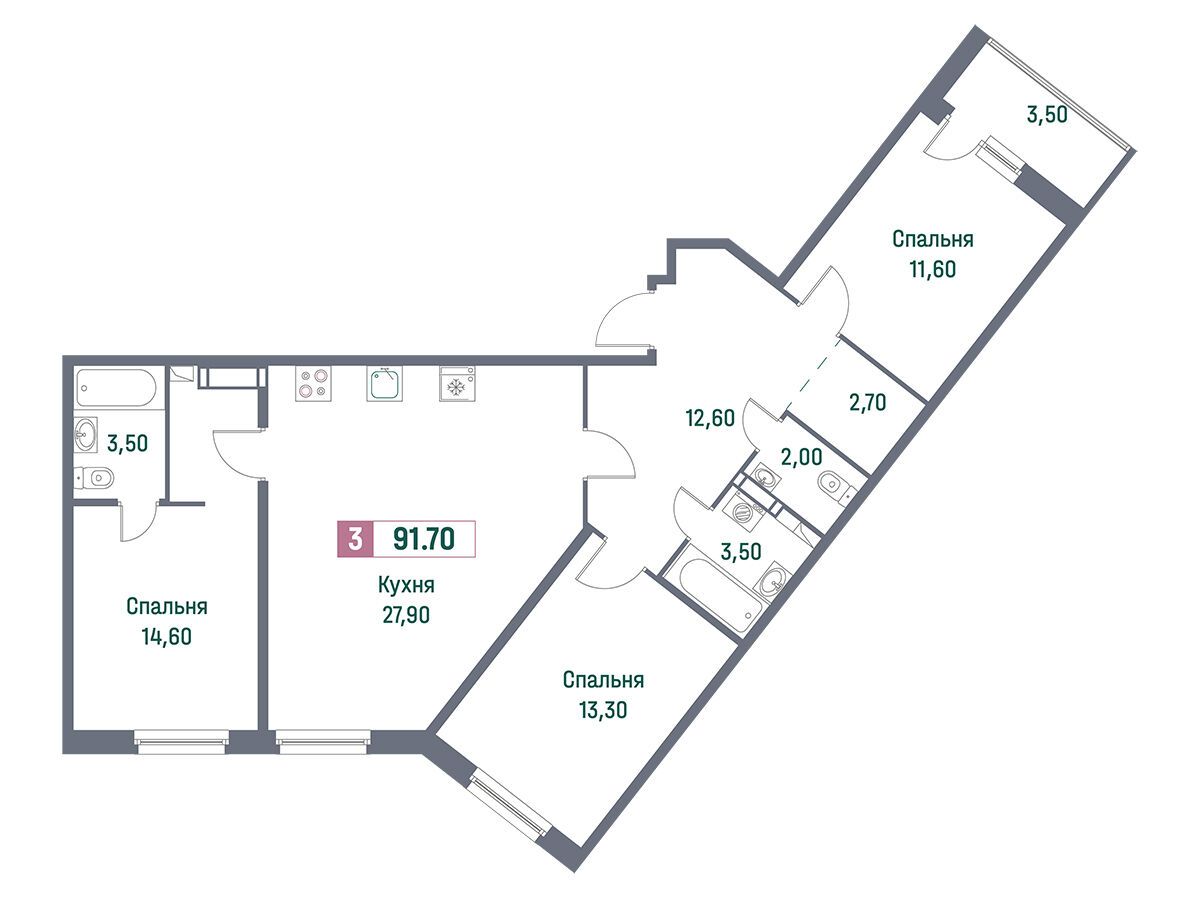 Планировка: 3-комн. квартира 91.70 м² в новостройке Фотограф