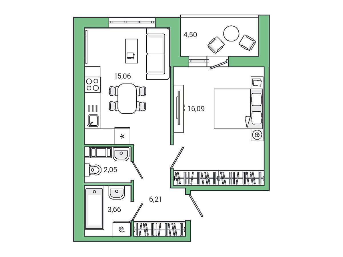 Планировка: 1-комн. квартира 45.00 м² в новостройке АйКью Гатчина