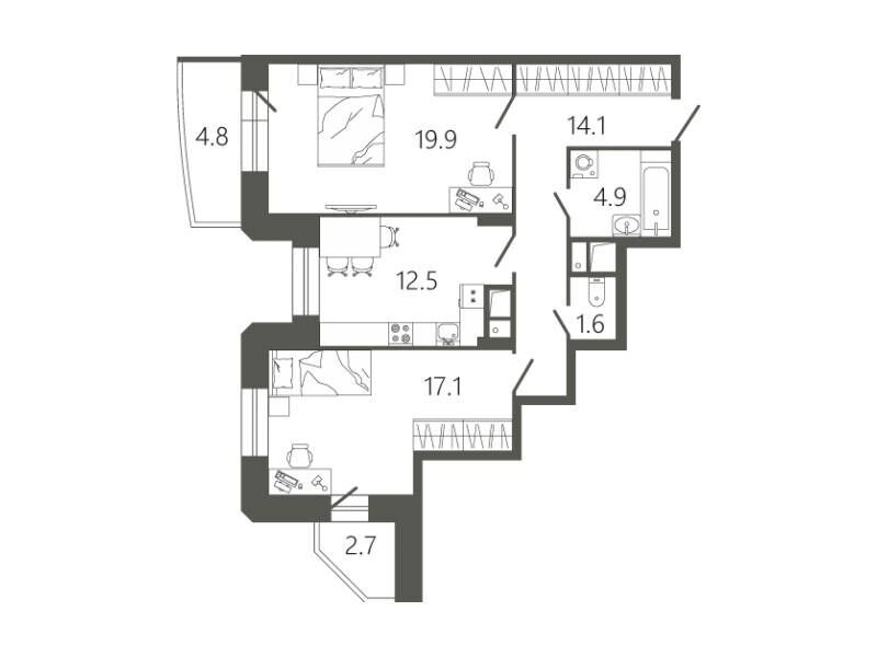 Планировка: 2-комн. квартира 72.90 м² в новостройке Мессиер 18