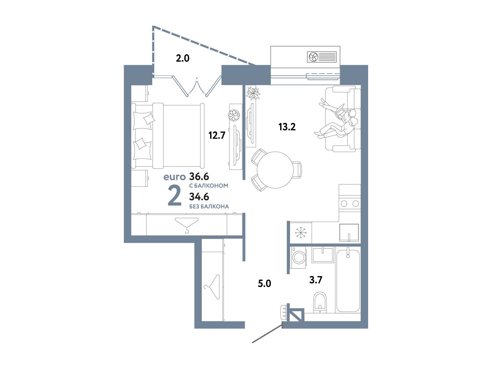 Планировка: 2-комн. квартира 36.60 м² в новостройке Страна. Заречная