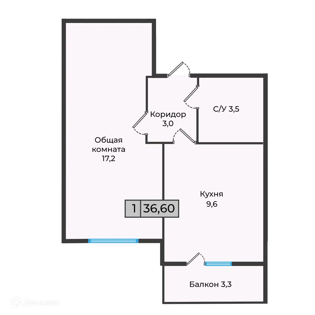 Планировка: 1-комн. квартира 34.95 м² в новостройке Станция Спортивная