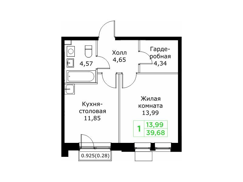 Планировка: 1-комн. квартира 39.68 м² в новостройке ЖК КИТ 2
