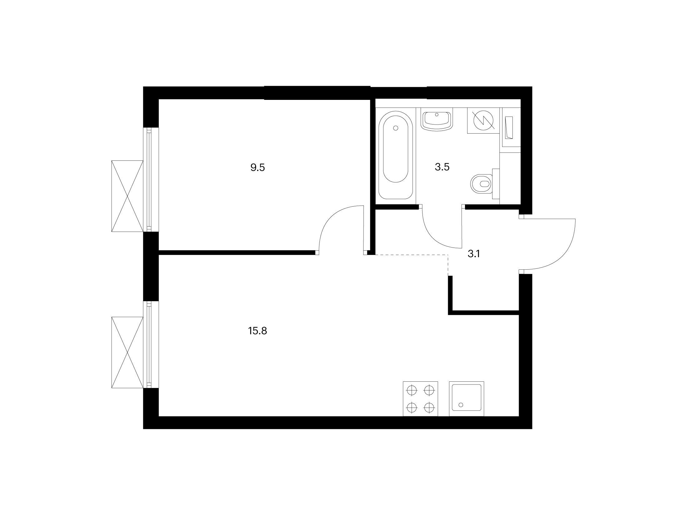 Планировка: 1-комн. квартира 31.90 м² в новостройке Кузьминский лес