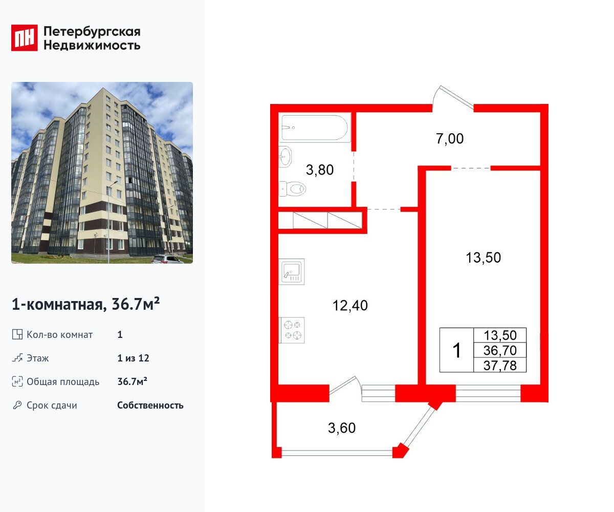 Планировка: 1-комн. квартира 36.70 м² в новостройке Аннинский парк
