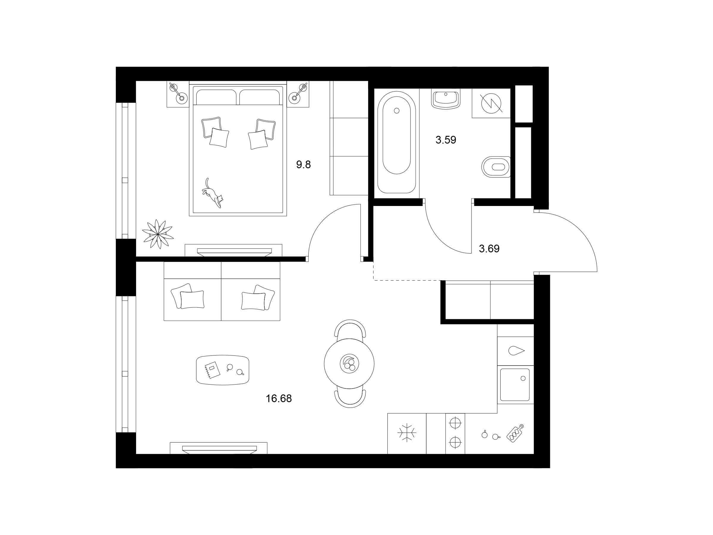 Планировка: 1-комн. квартира 33.76 м² в новостройке Квартал Мит