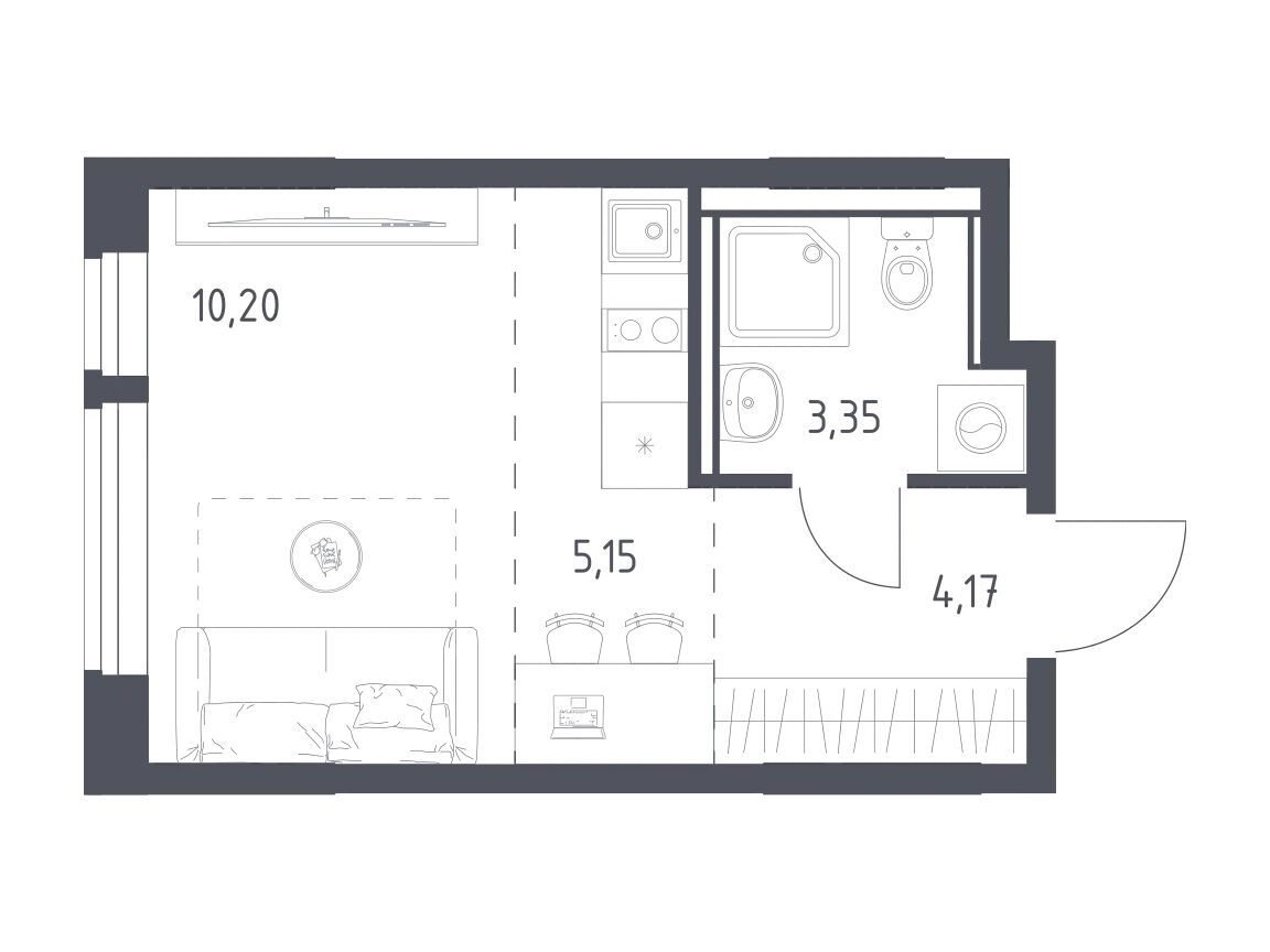 Планировка: Студия 22.87 м² в новостройке Квартал Ивакино