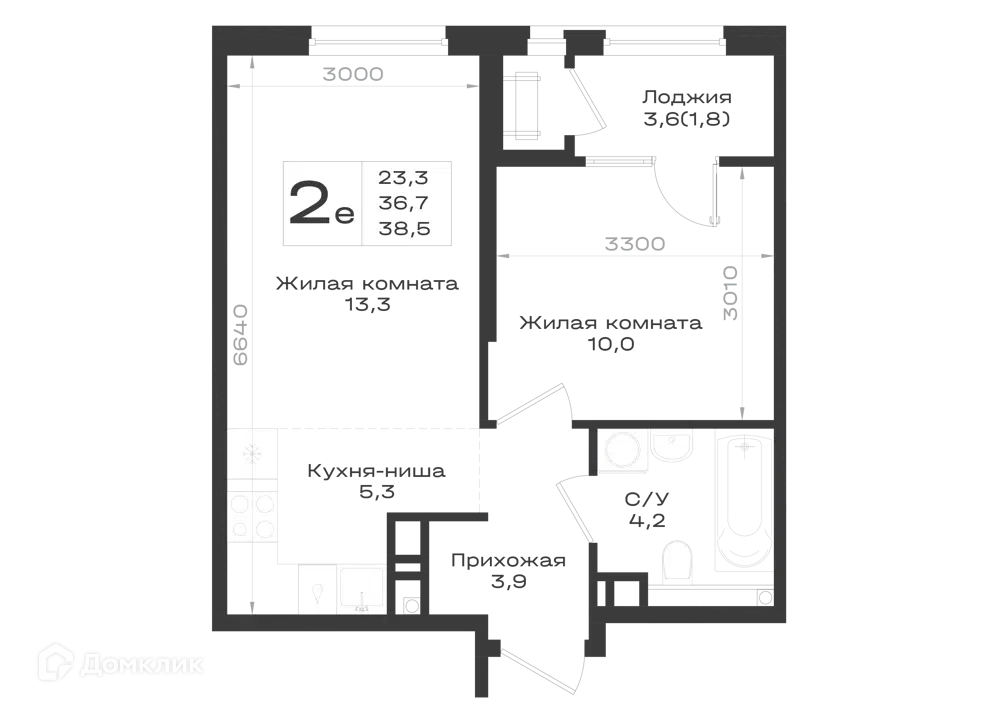 Планировка: 2-комн. квартира 38.50 м² в новостройке Нагория