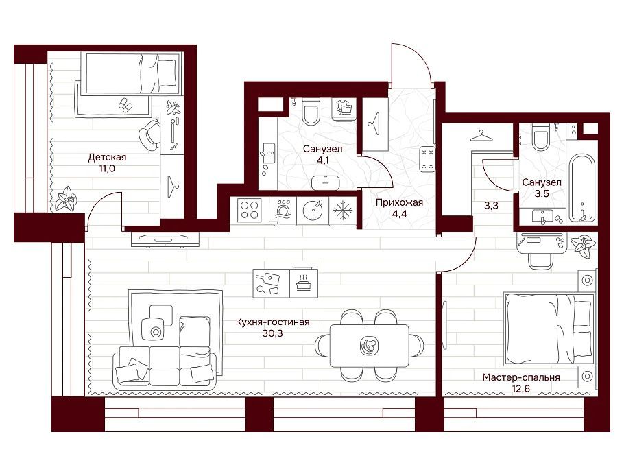 Планировка: 2-комн. квартира 72.60 м² в новостройке Дом 7 Даниловский