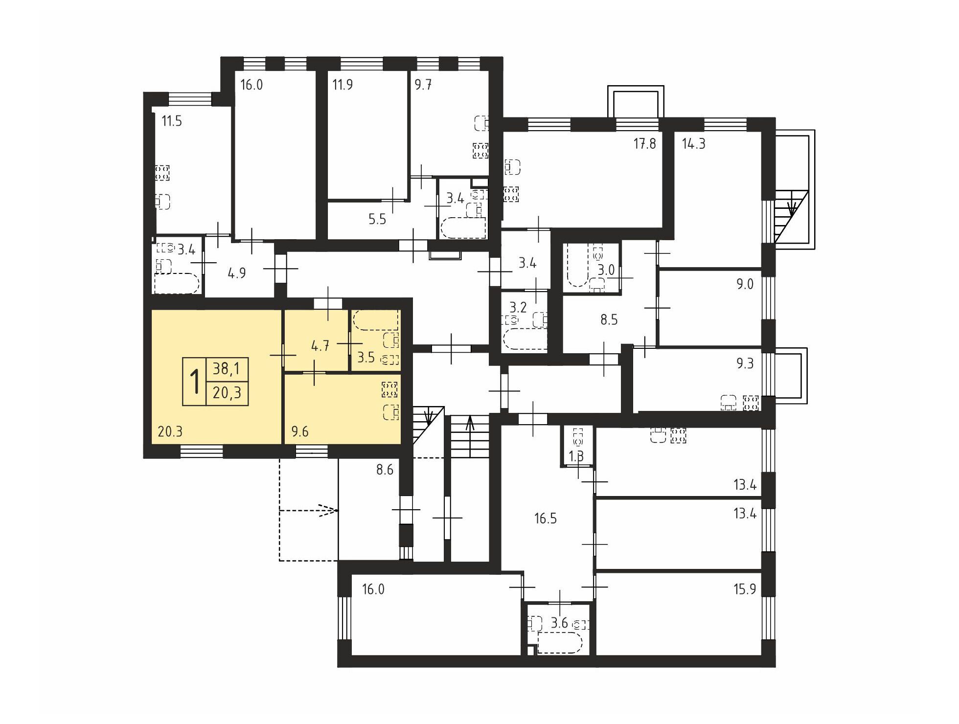 Планировка: 1-комн. квартира 38.10 м² в новостройке Щегловская усадьба