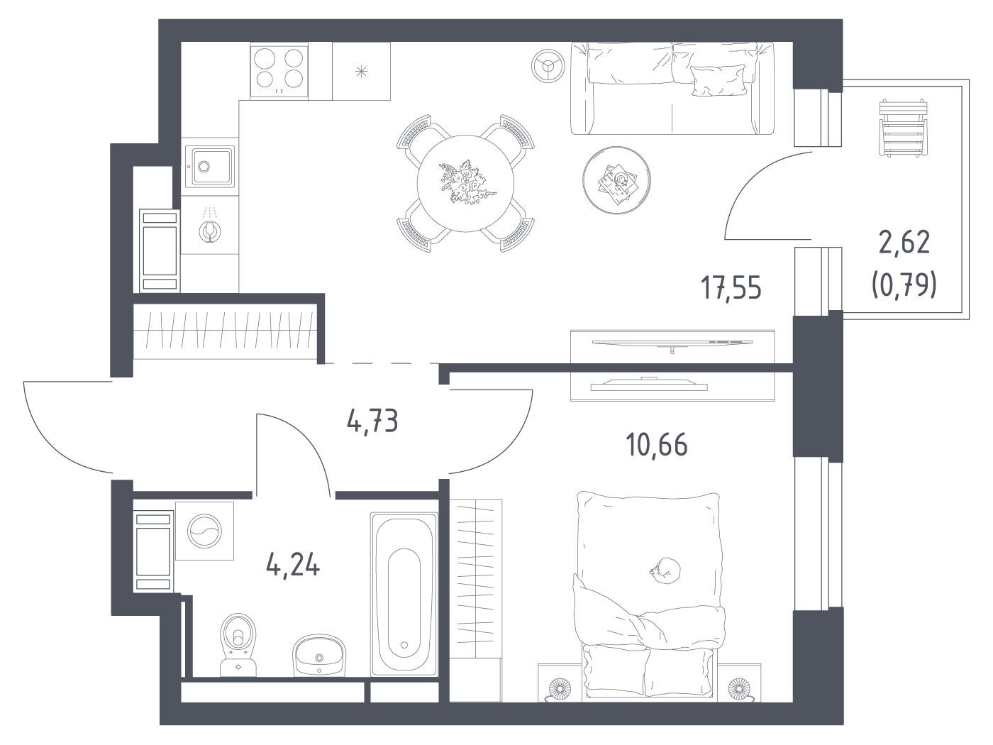 Планировка: 1-комн. квартира 37.97 м² в новостройке Новое Колпино